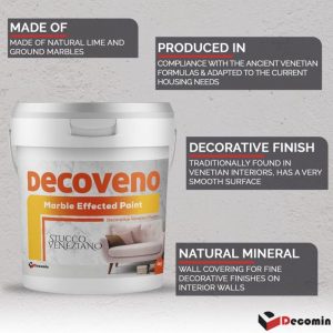 Image of a Decoveno 4kg bucket with product descriptions. Part of the 4 square metre Venetian Plastering Kit from Decomin Paints Ireland