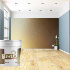 Image of a feature wall created with Decomin Fiesta Gold Metallic Wall Paint with an image of a tub of Fiesta Gold in the foreground