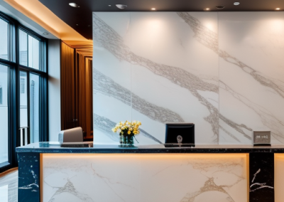 Image of a modern reception area with Venetian Plaster desk and walls