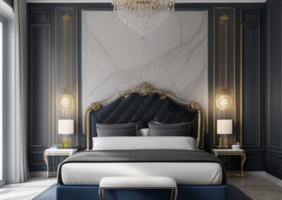 Image of a master bedroom with luxury marble feature wall created with white and grey veined Decoveno venetian plaster