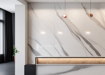 Image of a modern reception area with white copper and grey Venetian Plaster desk and walls