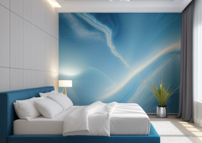 Master bedroom with blue and white Decoveno Stucco Veneziano venetian plaster walls