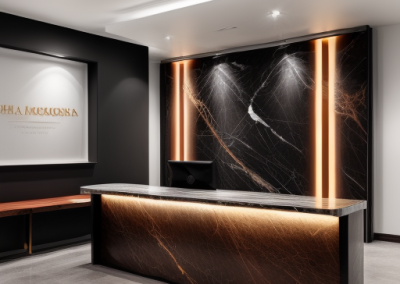 Image of a modern reception area with black, white and copper Venetian Plaster desk and walls