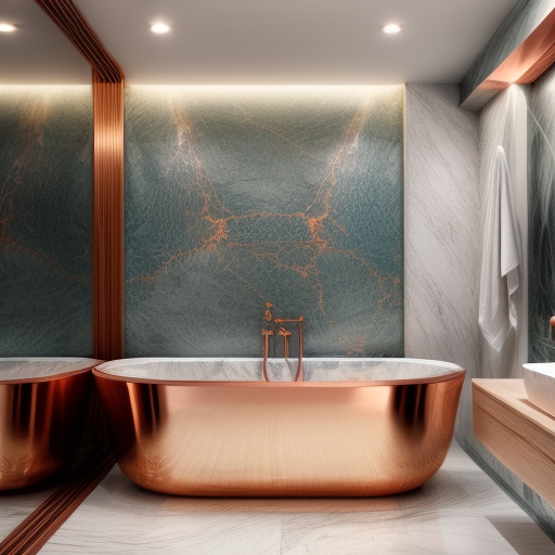Image of a Bathroom with a copper bath , copper decor and Decoveno Venetian Plaster on the walls