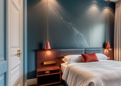 Master bedroom with blue and white venetian plaster walls