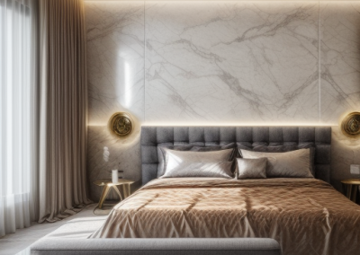 Master bedroom with grey and white Decoveno Stucco Veneziano venetian plaster walls