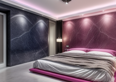 Image of a master bedroom with luxury marble feature wall created with magenta and turquoise veined Decoveno venetian plaster