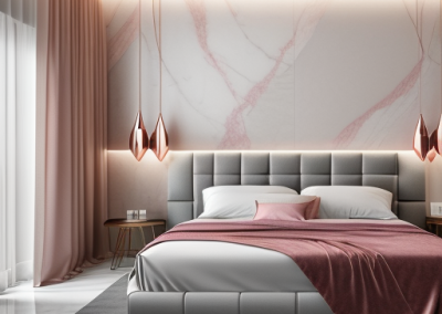 Master bedroom with magenta and white Decoveno Stucco Veneziano venetian plaster walls