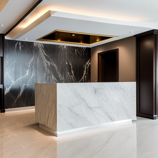 Image of a reception desk finished with a white and grey marble venetian plaster finish along with a black and white veined venetian plaster wall
