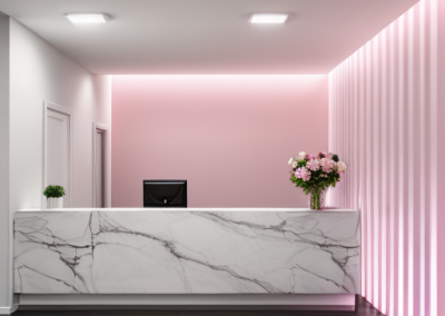 Image of a modern pink reception area with Venetian Plaster desk and walls