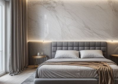 Master bedroom with grey and white Decoveno Stucco Veneziano venetian plaster walls
