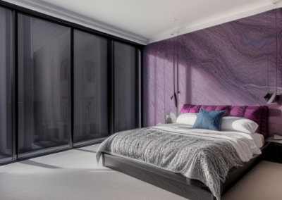 Image of a master bedroom with luxury marble feature wall created with white and turquoise veined Decoveno venetian plaster