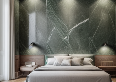 Image of a master bedroom with luxury marble feature wall created with white and green veined Decoveno venetian plaster