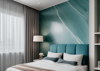 Image of a master bedroom with luxury marble feature wall created with white and green veined Decoveno venetian plaster