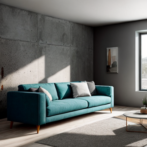 Image of a living room with a green sofa and Decomin Deconcreto concrete textured wall