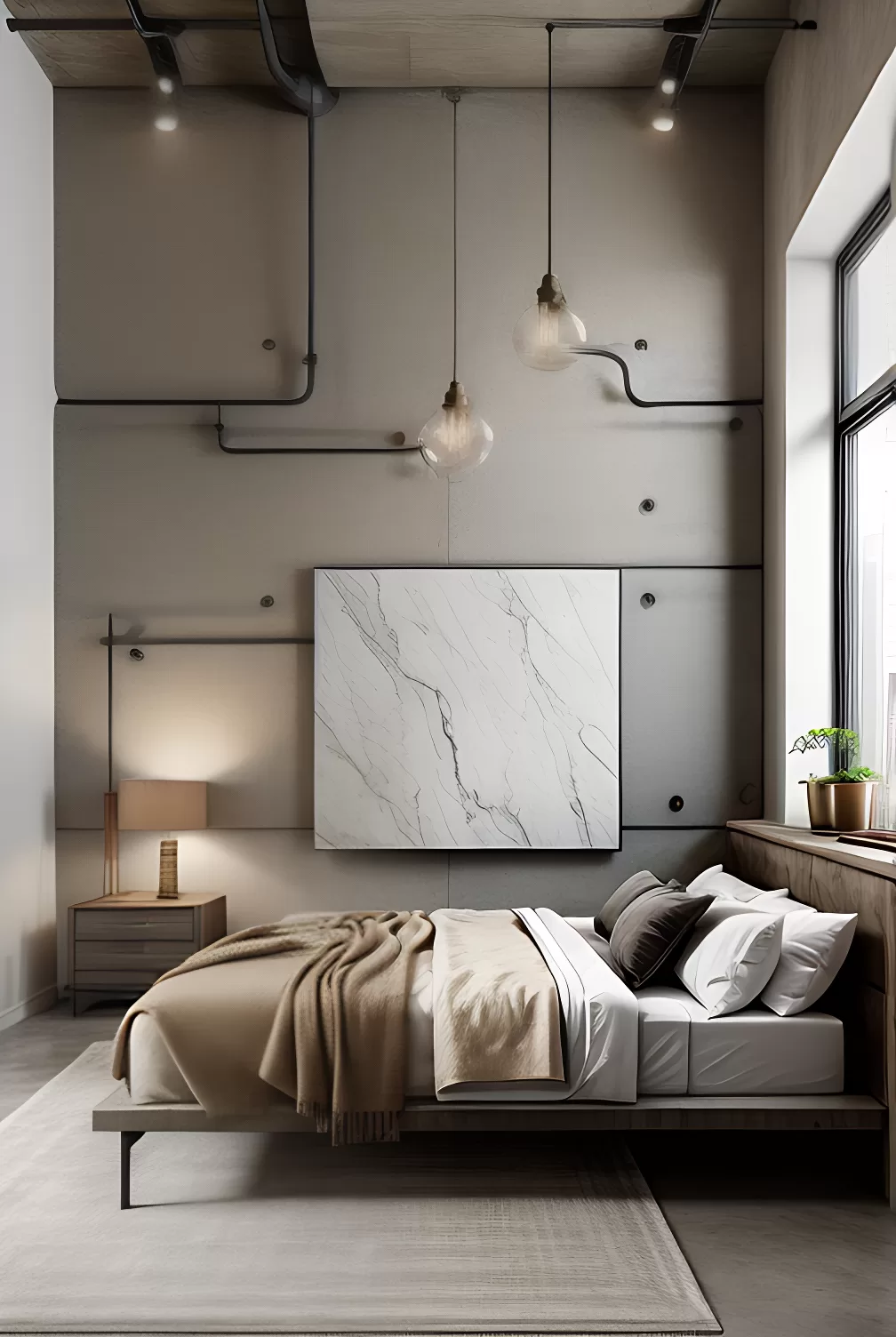 Bedroom Inspiration Image of a  Decoveno Venetian Plaster marble wall with a pigeon green finish and copper and white veining