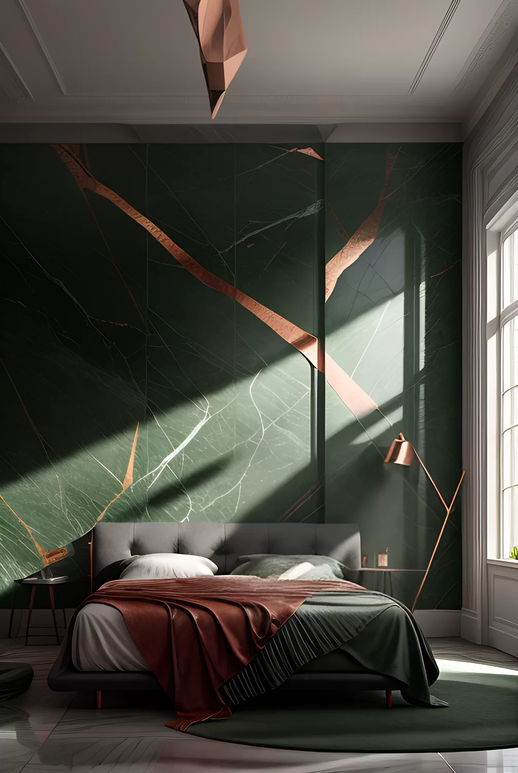 Bedroom Inspiration Image of a Decoveno Venetian Plaster marble wall with a pigeon green finish and copper and white veining. Green Bedroom Inspiration collection