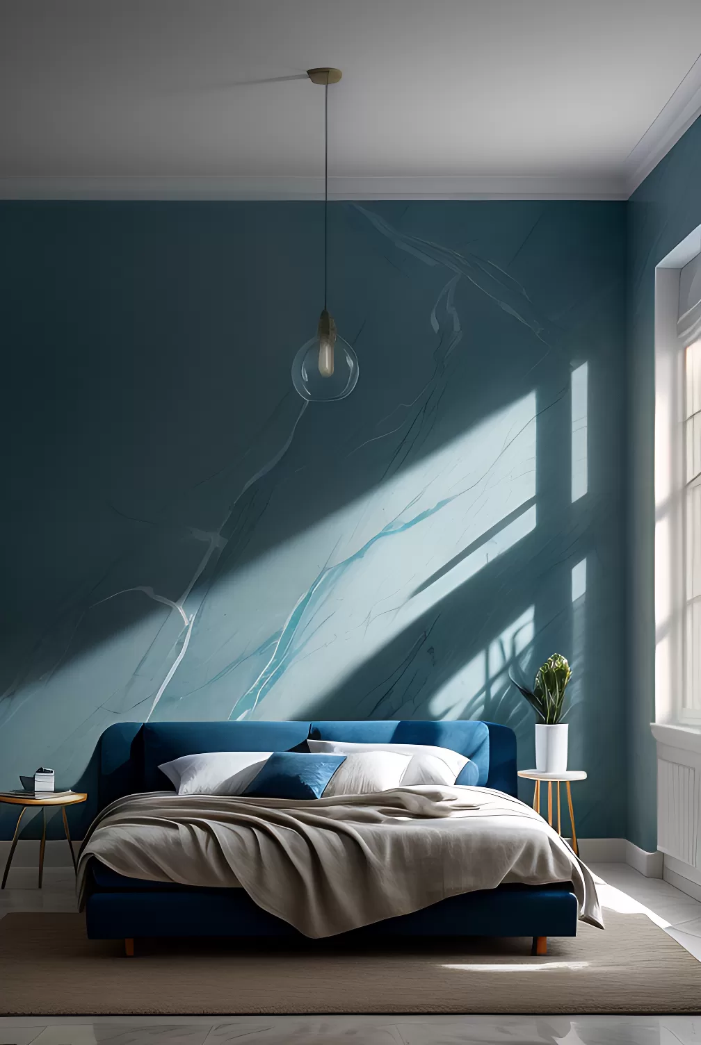 Bedroom Inspiration Image of a  Decoveno Venetian Plaster marble wall with a pigeon green finish and copper and white veining