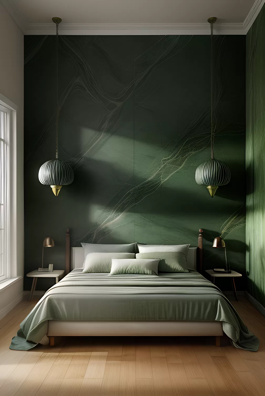 Image of a Pigeon Green Decoveno Marble Bedroom Feature Wall. Green Bedroom Inspiration