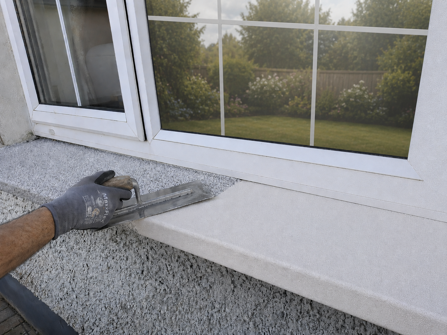 Image of Decosill being applied on a concrete window sill by trowel