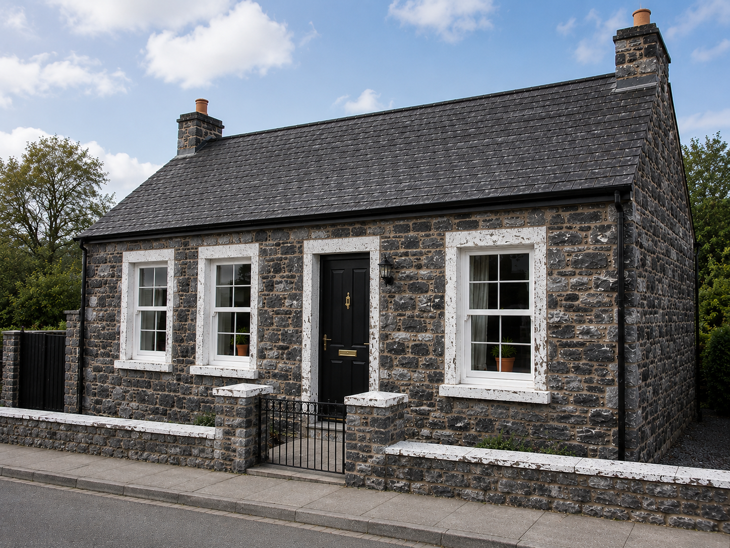 Image of flaky paint on stone cottage reveals and window sills prior to a Decosill application