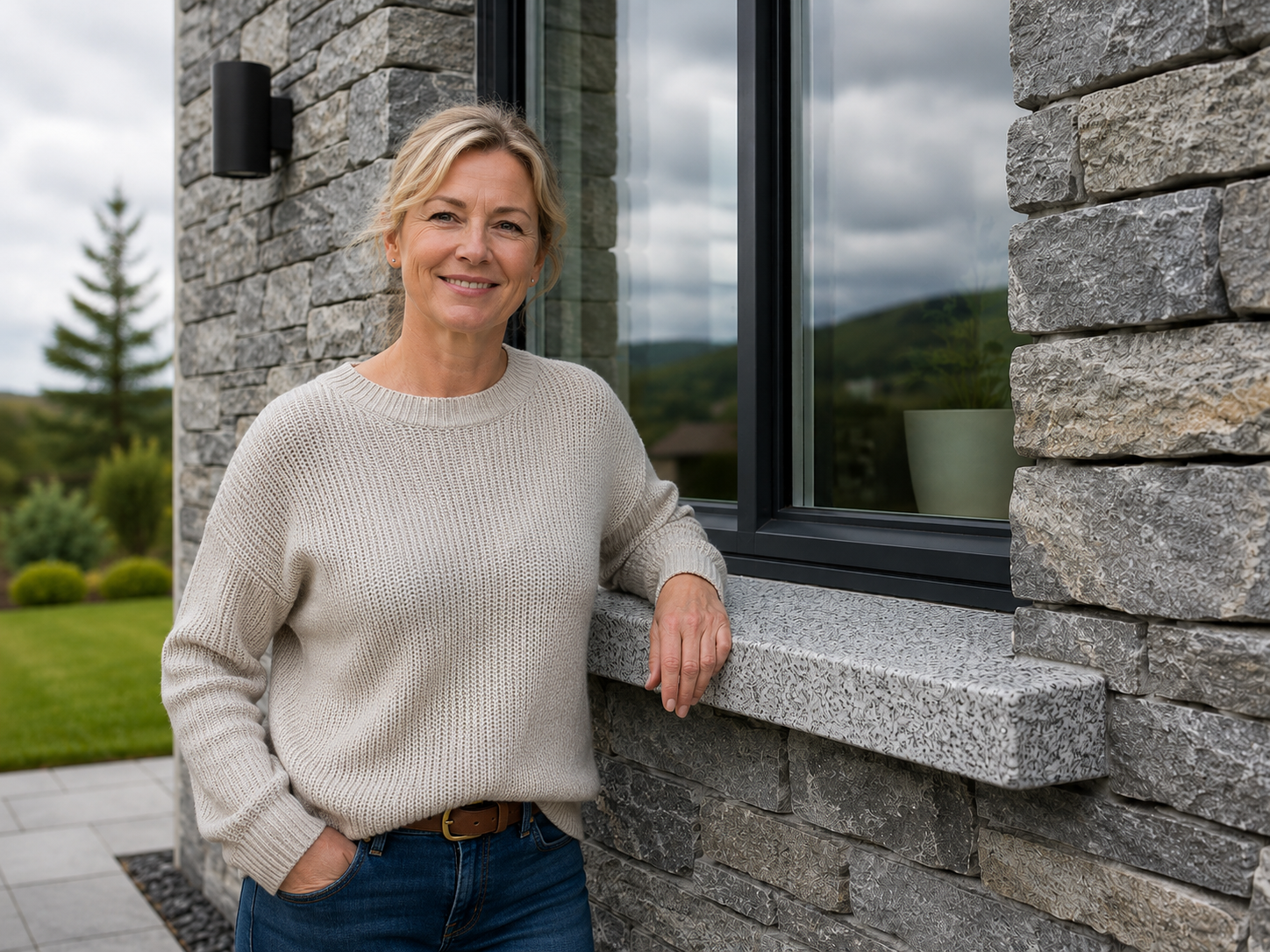 Irish Decosill customer standing beside her finished window