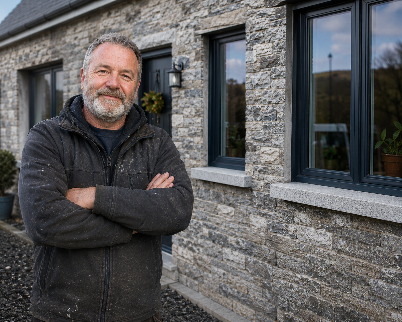 Irish homeowner and DIIYer standing beside his Decosill granite window sill application