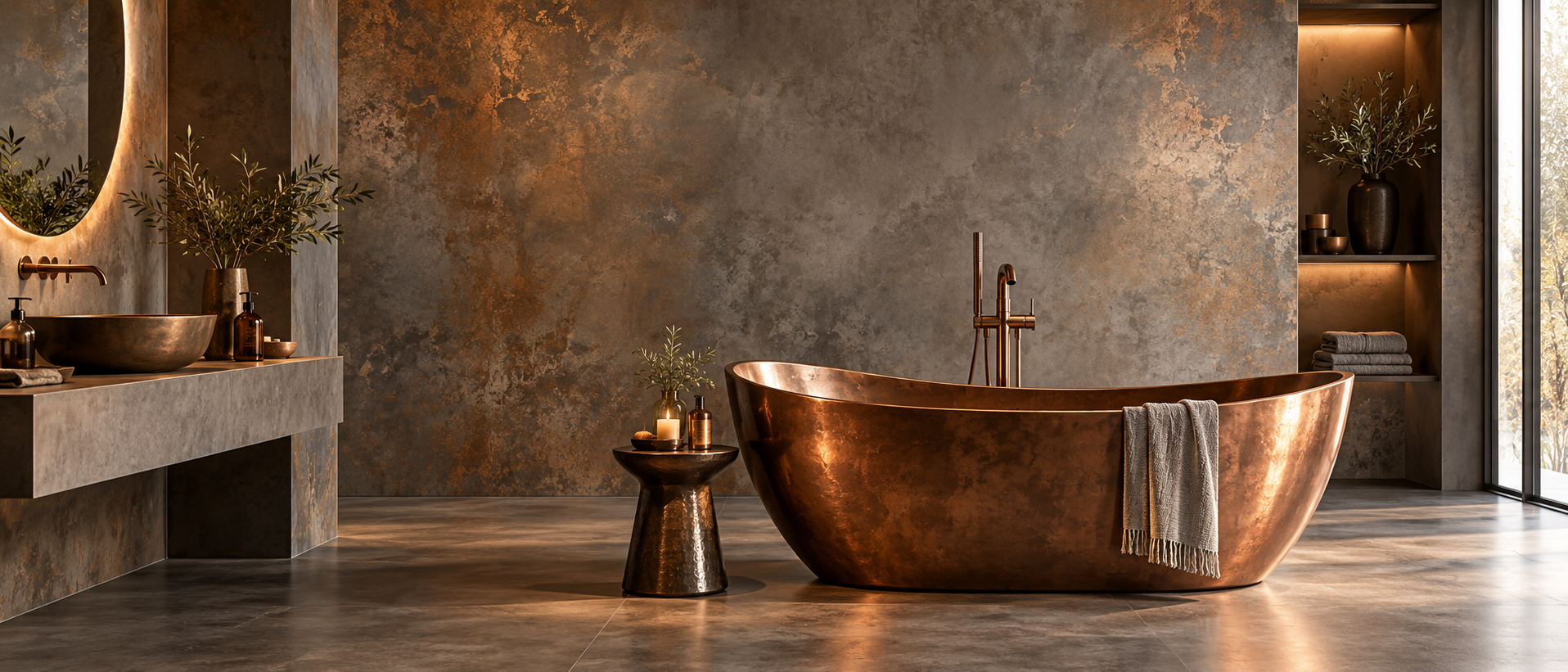Luxury Decomin-inspired bathroom with copper freestanding bath and grey-bronze Deconcreto-style walls